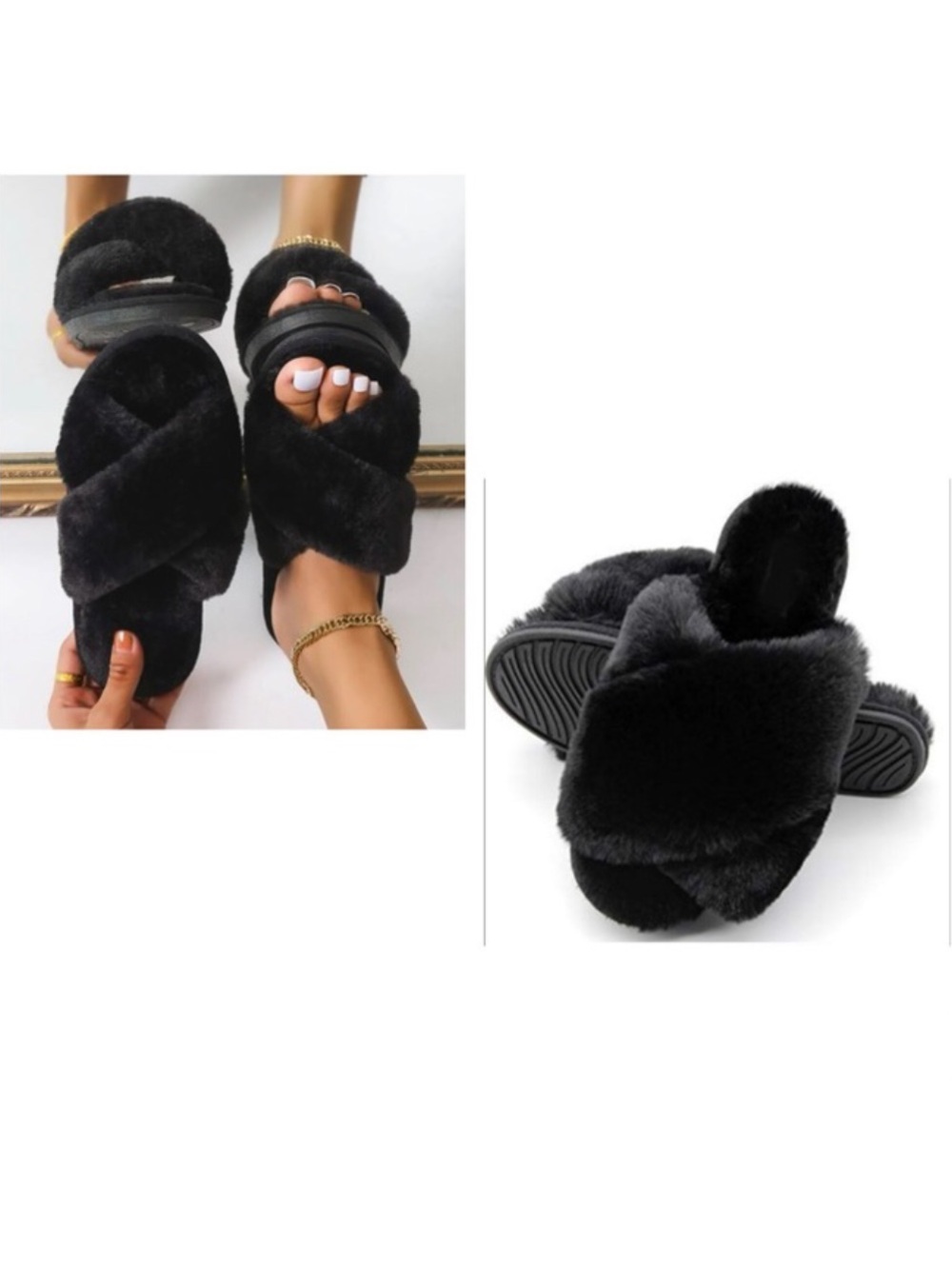 FamiPort Fluffy Cross Band Slippers Women Color Black Size S 5.5-6.5
